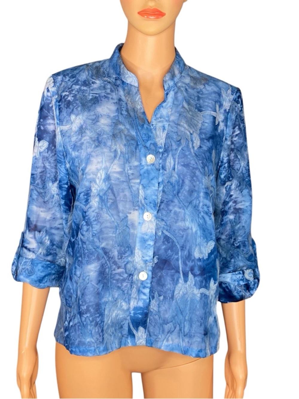 Ruby Rd. Button-Down Blue Watercolor Tye Die Pattern Semi Sheer 3-4 Sleeve SZ 8P